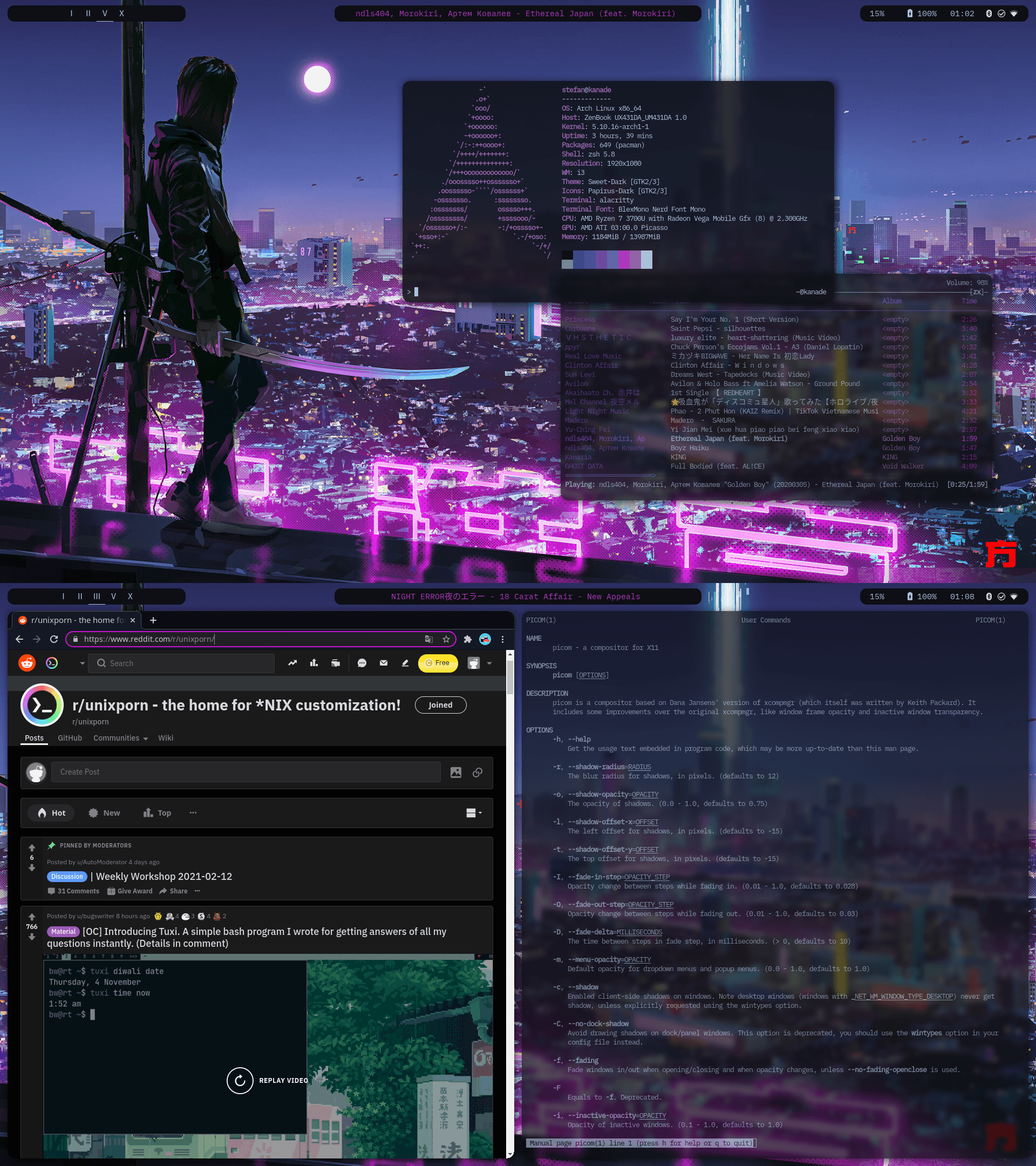 [i3-gaps] Your generic aesthetic-cyberpunk-anime-girl-rice with floating windows in a tiling window manager, transparency, blur and all that