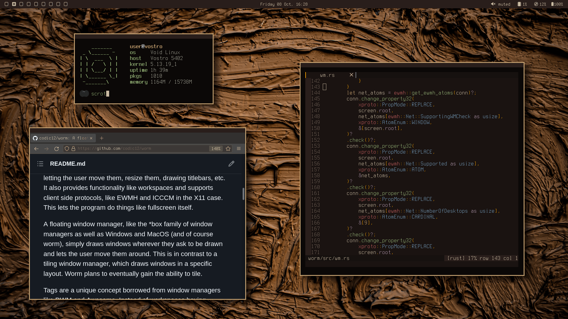[worm] wrote my own WM in rust, and my own colorscheme