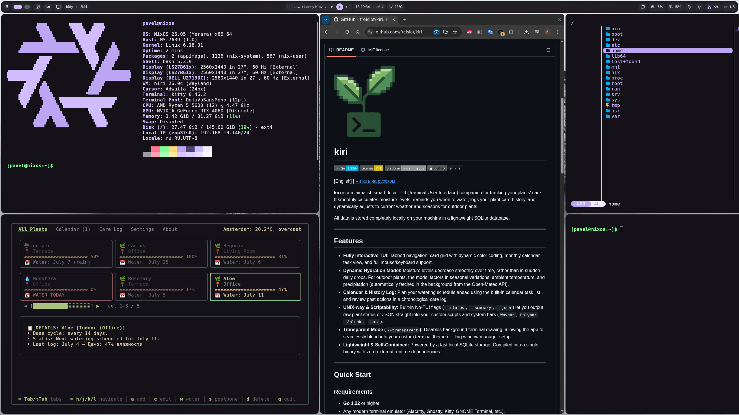 [Niri] Managing my plants from the terminal with a custom Go/BubbleTea TUI (kiri)